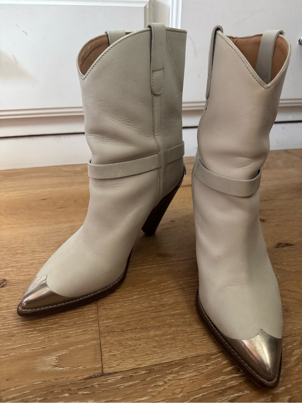 Isabel Marant Cream Leather Pointed Ankle Boots with Metallic Toe